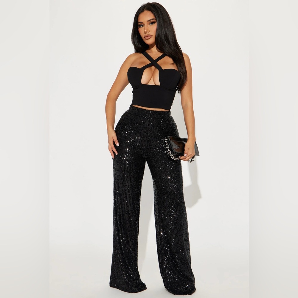 •After Glow• Sequin Black Elastic Waist Flare Pant - Picture 3 of 4